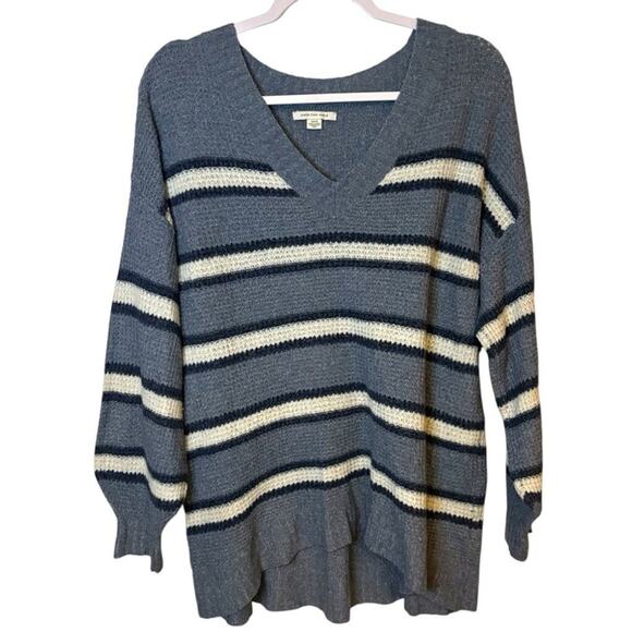 American Eagle Blue Cream Stripe V-Neck Relaxed Fit Knit Sweater S - Picture 1 of 6